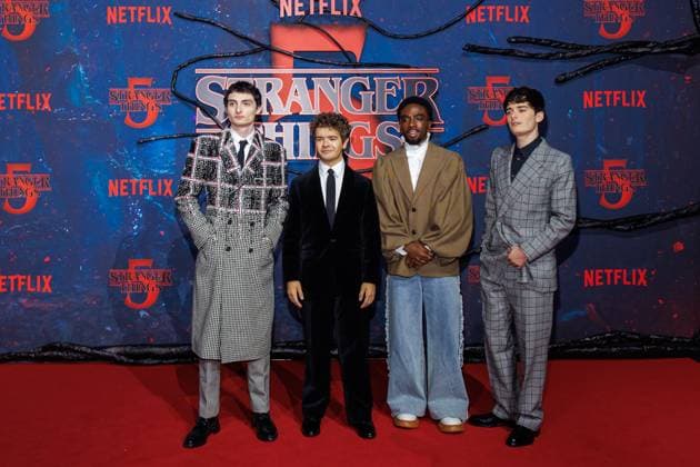Fan Event - Stranger Things 5 - Finn Wolfhard, Gaten Matarazzo, Caleb McLaughlin und Noah Schnapp beim Netflix Stranger Things Staffel 5 Fan Event im Flughafen Tempelhof Hangar 7 am 18.11.2025 in Berlin. Copyright: xEventpressxKochanx