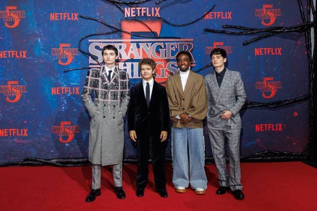Fan Event - Stranger Things 5 - Finn Wolfhard, Gaten Matarazzo, Caleb McLaughlin und Noah Schnapp beim Netflix Stranger Things Staffel 5 Fan Event im Flughafen Tempelhof Hangar 7 am 18.11.2025 in Berlin. Copyright: xEventpressxKochanx