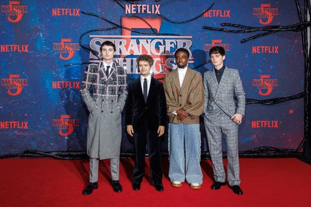 Fan Event - Stranger Things 5 - Finn Wolfhard, Gaten Matarazzo, Caleb McLaughlin und Noah Schnapp beim Netflix Stranger Things Staffel 5 Fan Event im Flughafen Tempelhof Hangar 7 am 18.11.2025 in Berlin. Copyright: xEventpressxKochanx