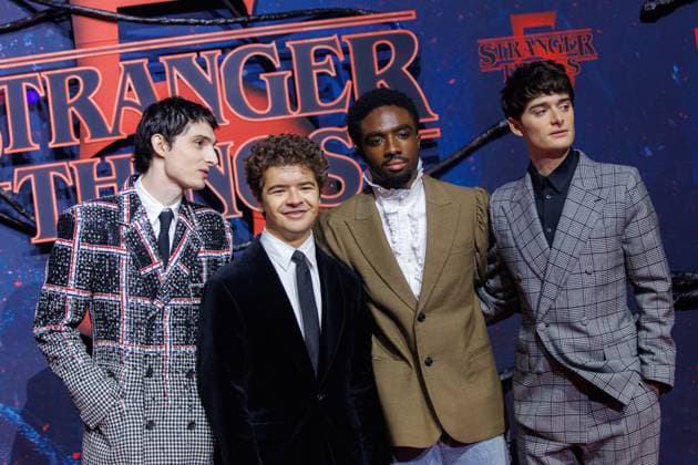Fan Event - Stranger Things 5 - Finn Wolfhard, Gaten Matarazzo, Caleb McLaughlin und Noah Schnapp beim Netflix Stranger Things Staffel 5 Fan Event im Flughafen Tempelhof Hangar 7 am 18.11.2025 in Berlin. Copyright: xEventpressxKochanx