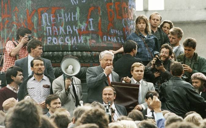 YELTSIN 36023 23.08.1991 President of Boris Yeltsin of the R.S.F.S.R. addresses rally near monument to Felix Dzerzhinsky. Yuryi Abramochkin Sputnik Moscow Russia  Copyright: xYuryixAbramochkinx