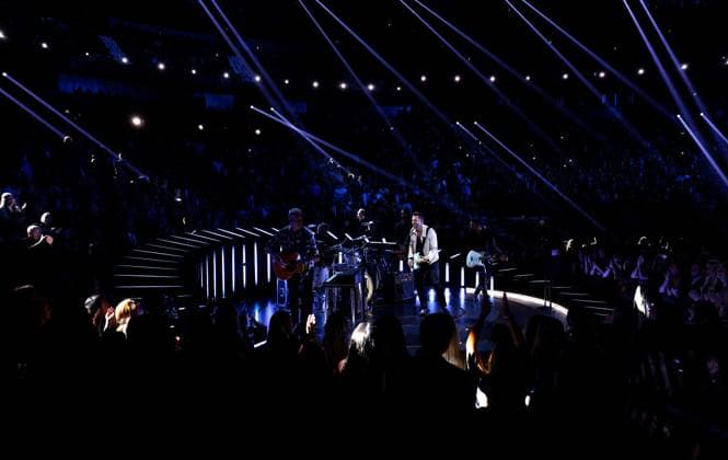 (L-R) Trevor Rosen, Geoff Sprung, Matthew Ramsey and Brad Tursi of Old Dominion perform onstage during the 59th CMA Awards at the Bridgestone Arena in Nashville, Tennessee, on Wednesday, November 19, 2025.  NAS20251119323 JOHNxANGELILLO
