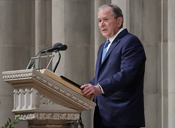 Former President George W. Bush speaks during the funeral service for former Vice President Dick Cheney at Washington National Cathedral in Washington DC on Thursday, November 20, 2025. Cheney, vice president under President George W. Bush from 2001 to 2009, died at the age of 84 on November 3, 2025.  WAP20251120855 PATxBENIC