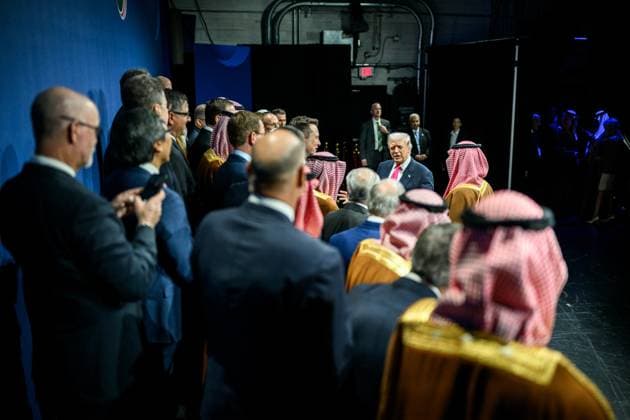 U.S.-Saudi Investment Forum President Donald Trump and Crown Prince and Prime Minister Mohammed bin Salman Al Saud of Saudi Arabia speak with Elon Musk, Nvidia CEO Jensen Huang and other business leaders at the U.S.-Saudi Investment Forum, Wednesday, November 19, 2025, at the John F. Kennedy Center for the Performing Arts in Washington, D.C., Credit:Daniel Torok Avalon  Copyright: xDanielxTorokx xAvalonx 1053597382