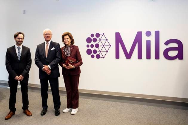 November 20, 2025, Montreal, Pq, CANADA: From left: Scientific Director of Mila, Hugo Larochelle, Sweden s King Carl XVI Gustaf and Queen Silvia pose for a portrait during a tour of their offices, in Montreal, Thursday, Nov. 20, 2025. Montreal CANADA - ZUMAc35_ 20251120_zaf_c35_094 Copyright: xChristopherxKatsarovx
