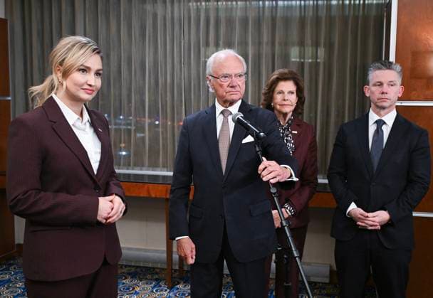 November 20, 2025, Montreal, Pq, Canada: Sweden s Deputy Prime Minister Ebba Busch, from left, Sweden s King Carl XVI Gustaf and Queen Silvia and Defence Minister Pal Jonson speak during a press conference at Montreal Trudeau International Airport in Montreal, Thursday, Nov. 20, 2025, as they wrap up their visit to Canada. Montreal Canada - ZUMAc35_ 20251120_zaf_c35_117 Copyright: xGrahamxHughesx
