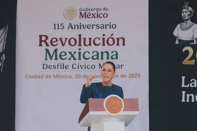 115th Anniversary of the Mexican Revolution Military Parade Mexico™s President Claudia Sheinbaum Pardo speaks during the civic-military parade marking the 115th anniversary of the Mexican Revolution, at main square Zocalo. on November 20, 2025 in Mexico City, Mexico. (Photo by Carlos Santiago Eyepix Group) Copyright: xCarlosxSantiago xEyepixxGroupx CS_20112025_173559