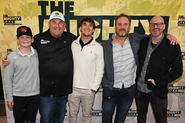 November 20, 2025, Westwood, California, USA: Actor HUDSON LEDWITH, Producer BRAD LEDWITH, Actor BEN LEDWITH, writer and director BRENDAN HARTY and filmmaker CLAY DELAUNEY attend the Los Angeles red carpet premiere of The Mighty Oaks Premiere. Westwood USA - ZUMAb173 20251120_aap_b173_003 Copyright: xBillyxBennightx