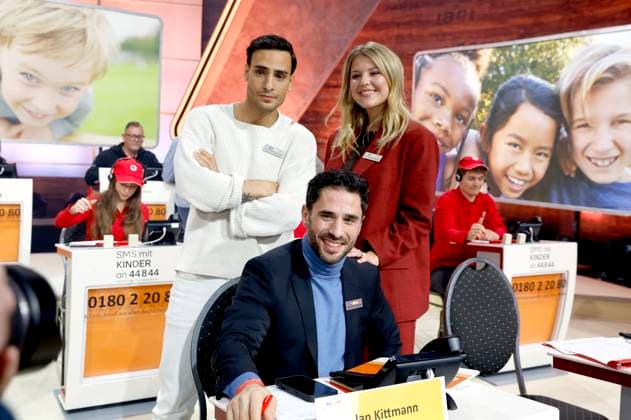 Timur Ülker, Jan Kittmann und Josefin Bressel beim 30. RTL-Spendenmarathon 2025 im Studio 8 der EMG Studios. Hürth, 21.11.2025