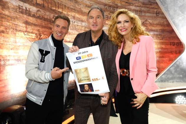 Jürgen Milski, Gast und Sonya Kraus beim 30. RTL-Spendenmarathon 2025 im Studio 8 der EMG Studios. Hürth, 21.11.2025