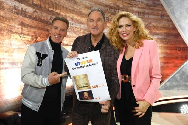 Jürgen Milski, Gast und Sonya Kraus beim 30. RTL-Spendenmarathon 2025 im Studio 8 der EMG Studios. Hürth, 21.11.2025