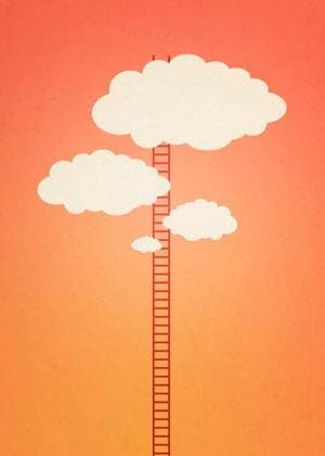 Ladder staircase leads through clouds in a surreal motivational illustration, MBRF00235