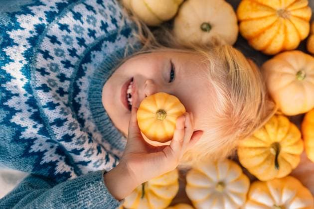 Child in cozy sweater with pumpkins smiling in rustic autumn outdoors model released, Symbolfoto, NASF00087