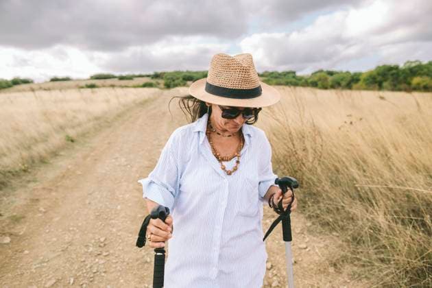 Woman hiking with walking poles on Sveti Vlas eco trail outdoors model released, Symbolfoto, SIF01475
