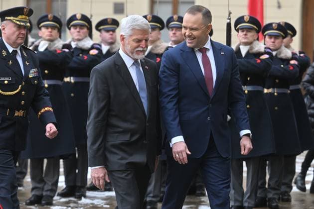 Czech President Petr Pavel, left, welcomes his Polish counterpart Karol Nawrocki at Prague Castle, at beginning of his visit to Prague, November 24, 2025. (CTKxPhoto MichaelaxRihova) CTKPhotoP2025112402629  CTKPhotoP2025112402629