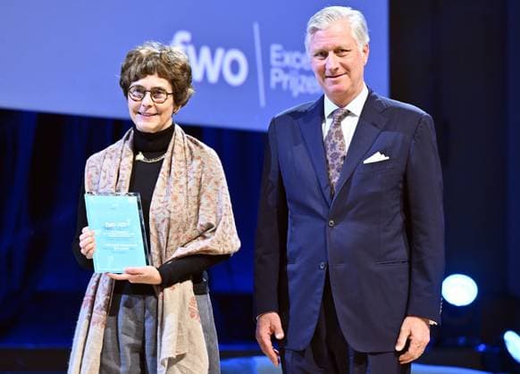 Professor Ingrid Verbauwhede of KU Leuven and King Philippe - Filip of Belgium pictured during the award ceremony of the five-year Scientific Excellence Awards awarded by the Fund for Scientific Research (FWO - FRS - FNRS), at Bozar in Brussels on Monday 24 November 2025.  ERICxLALMAND 143890459