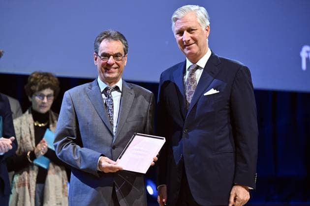 Professor Peter Starkel of UCLouvain and King Philippe - Filip of Belgium pictured during the award ceremony of the five-year Scientific Excellence Awards awarded by the Fund for Scientific Research (FWO - FRS - FNRS), at Bozar in Brussels on Monday 24 November 2025.  ERICxLALMAND 143890511