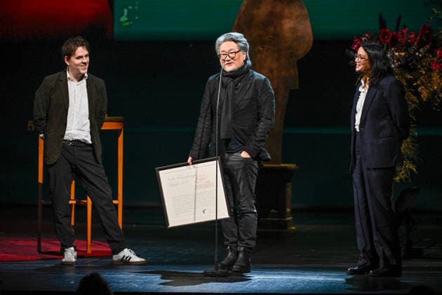 STOCKHOLM, SWEDEN 20251124 Erik Jonsson, Patrik TornÃ us at the microphone and Elenor Nordström receive this years honorary prize for Littfest Umea international literature festival, when the August Prize is awarded during a gala at Dramaten STOCKHOLM SWEDEN x10430x  Copyright: xChristinexOlsson TTx AUGUSTPRISET 2025 7akJOGF-SJE