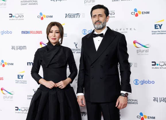 Algerian journalist Fairouz Ziani (L) and Palestinian journalist Asef Hamidi arrive on the red carpet at the 53rd International Emmy Awards at New York Hilton Midtown in New York City on Monday, November 24, 2025.  NYP20251124206 JohnxAngelillo