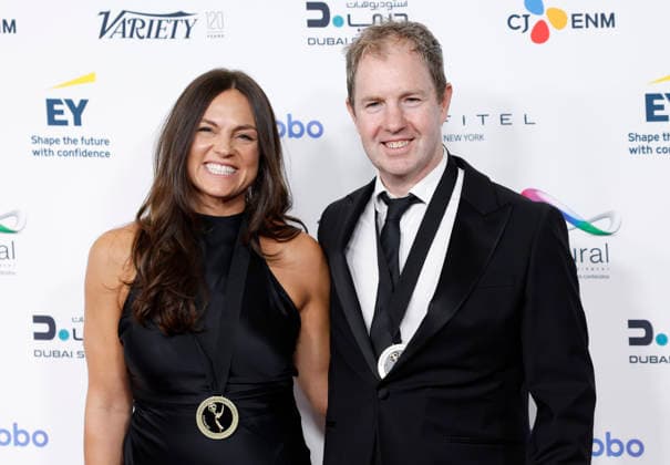 Claudia Corbisiero and Chris Grubb arrive on the red carpet at the 53rd International Emmy Awards at New York Hilton Midtown in New York City on Monday, November 24, 2025.  NYP20251124205 JohnxAngelillo