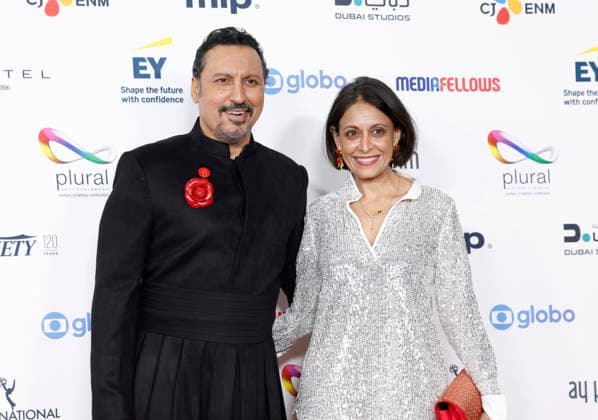 Aasif Mandvi and Shaifali Puri arrive on the red carpet at the 53rd International Emmy Awards at New York Hilton Midtown in New York City on Monday, November 24, 2025.  NYP20251124237 JohnxAngelillo