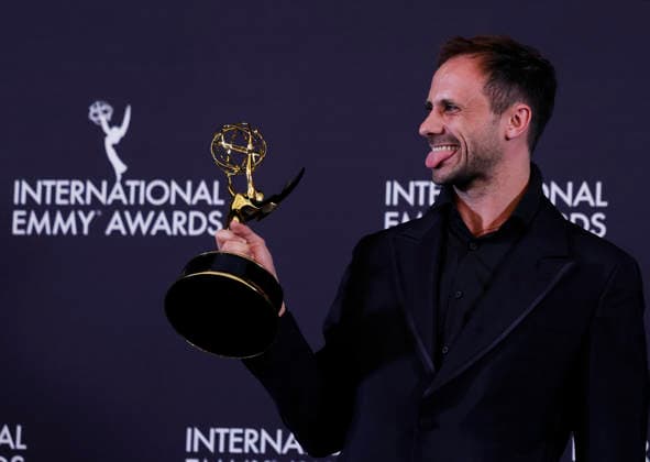Spanish actor Oriol Pla arrives in the press room with the Best Performance by an Actor award for I, Addict in the press room at the 53rd International Emmy Awards at New York Hilton Midtown in New York City on Monday, November 24, 2025.  NYP20251124258 JohnxAngelillo