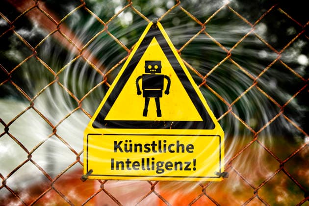FOTOMONTAGE, Gefahrenschild mit Roboterfigur und Aufschrift KÃ¼nstliche Intelligenz *** FOTOMONTAGE, danger sign with robot figure and inscription artificial intelligence ** NUR FUER REDAKTIONELLE ZWECKE ** EDITORIAL USE ONLY **