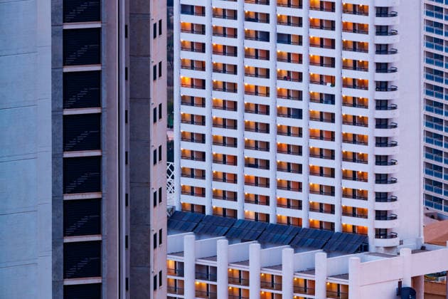 Geometric Hotel Facades and Rooftop Solar Panels Benidorm, Valencian Community, Spain R_FTRG25112472-1899850-01