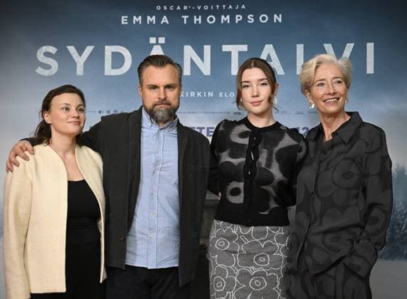 Line producer Meri-Tuuli Varis (L), service producer Timo Vierimaa and actresses Gaia Wise and Emma Thompson pose in Helsinki, Finland, on November 27, 2025. Thompson and Wise star the action thriller Dead of Winter which was filmed in the Koli region in North Karelia, Finland. Helsinki Finland  Copyright: xMarkkuxUlanderx LKLAPM20251127113746V461