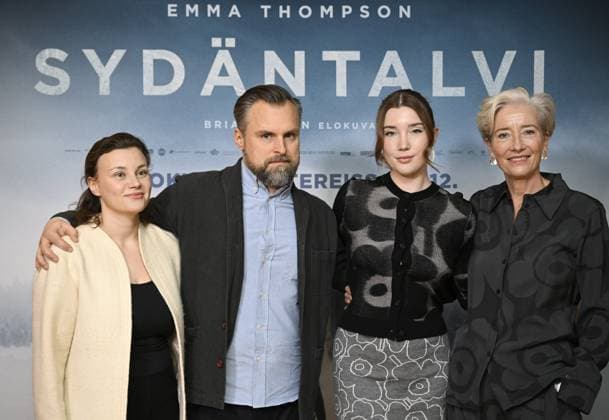 Line producer Meri-Tuuli Varis (L), service producer Timo Vierimaa and actresses Gaia Wise and Emma Thompson pose in Helsinki, Finland, on November 27, 2025. Thompson and Wise star the action thriller Dead of Winter which was filmed in the Koli region in North Karelia, Finland. Helsinki Finland  Copyright: xMarkkuxUlanderx LKLAPM20251127113833F469