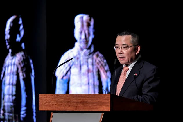 (251128) -- BUDAPEST, Nov. 28, 2025 -- Chinese Ambassador to Hungary Gong Tao speaks during the opening ceremony of the exhibition Civilization of the Qin and Han Dynasties - The First Chinese Emperor s Terracotta Warriors in Budapest, Hungary, Nov. 27, 2025. The Museum of Fine Arts in Budapest on Thursday opened one of the most significant Chinese cultural exhibitions ever held in Hungary, presenting more than 150 ancient artworks from the Qin and Han dynasties (221 BC-220 AD), including ten original Terracotta Warriors. Titled Civilization of the Qin and Han Dynasties - The First Chinese Emperor s Terracotta Warriors, the exhibition is jointly organized by the Museum of Fine Arts in Budapest and the Shaanxi Provincial Cultural Her 