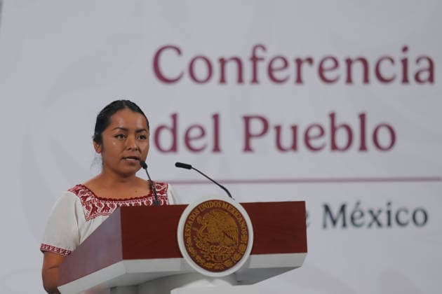 Marisela GonzoÂ¡lez GonzoÂ¡lez, Promoter and OtomoÂ­ Artist, perform a song in his native language dedicated to Malitzin, a key historical figure in the conquest of Mexico during a press conference at National Palace. on November 28, 2025 in Mexico City, Mexico. Mexico City Mexico - ZUMAe321 20251128_zia_e321_007 Copyright: xCarlosxSantiagox