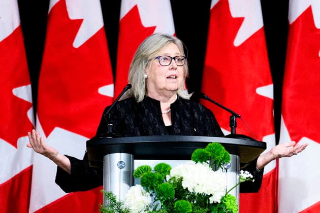 November 29, 2025, Ottawa, On, Canada: Green Party Leader Elizabeth May speaks during the Parliamentary Press Gallery Dinner in Ottawa, on Saturday, Nov. 29, 2025. Ottawa Canada  - ZUMAc35_ 20251129_zaf_c35_103 Copyright: xSpencerxColbyx