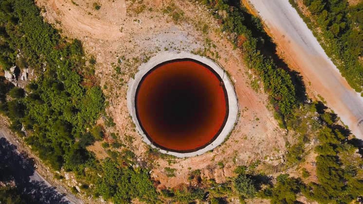 Draufsicht auf das Sinkhole. Clip. Unglaubliche Naturphänomen in Form von Doline mit braunem Wasser in Feld. Karst Sinkhole mit Wasser in der Nähe von Autobahn in Feld Top view of Sinkhole. Clip. Incredible natural phenomenon in form of sinkhole with brown water in field. Karst sinkhole with water near highway in field. (License=RF) Copyright: xZoonar.com MziyaxKashakhix 24306725