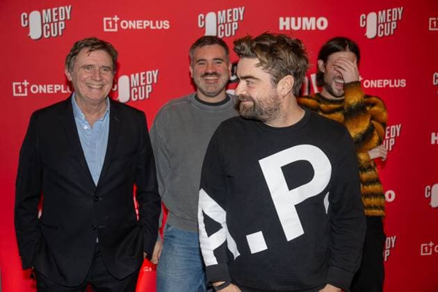 Television Presenter And Director Erik Van Looy (L) , Television Presenter Pedro Elias (2R) and Singer Mathieu Terryn Of Bazart (R) pose for the photographer at the final show of Humo s Comedy Cup 2025, in the Arenbergschouwburg in Antwerp, Sunday 30 November 2025. Humo s Comedy Cup is a competition organized by the weekly magazine Humo to reward the greatest comedy talent.  JONASxROOSENS 145543130