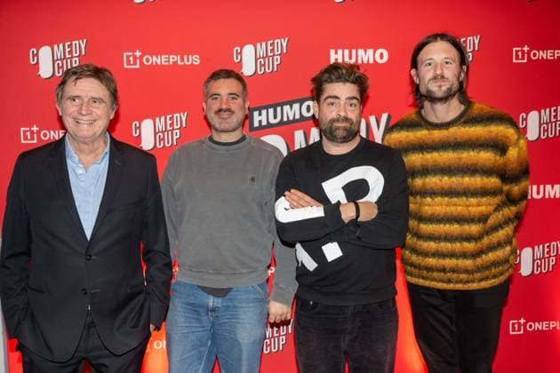 Television Presenter And Director Erik Van Looy (L) , Television Presenter Pedro Elias (2R) and Singer Mathieu Terryn Of Bazart (R) pose for the photographer at the final show of Humo s Comedy Cup 2025, in the Arenbergschouwburg in Antwerp, Sunday 30 November 2025. Humo s Comedy Cup is a competition organized by the weekly magazine Humo to reward the greatest comedy talent.  JONASxROOSENS 145543146