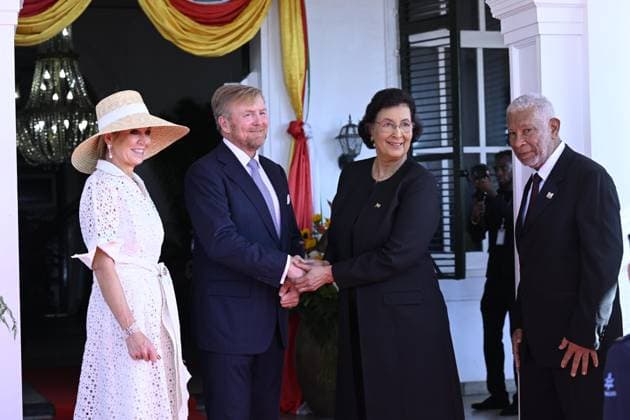 Paramaribo, The Netherlands, 2025-12-01 09:16:42 PARAMARIBO, December 1, 2025, Presidential Palace. King Willem-Alexander and Queen Maxima are paying a state visit to the Republic of Suriname at the invitation of President Jennifer Geerlings-Simons. President Simons and her husband will welcome the Royal Couple at the Presidential Palace with an official welcome ceremony, followed by a private chat. PHOTO: NLBeeld Patrick van Emst Credit: NL Beeld Patrick van Emst  Copyright: xx x