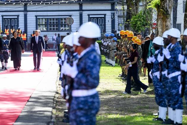 Paramaribo, The Netherlands, 2025-12-01 09:09:48 PARAMARIBO, December 1, 2025, Presidential Palace. King Willem-Alexander and Queen Maxima are paying a state visit to the Republic of Suriname at the invitation of President Jennifer Geerlings-Simons. President Simons and her husband will welcome the Royal Couple at the Presidential Palace with an official welcome ceremony, followed by a private chat. PHOTO: NLBeeld Patrick van Emst Credit: NL Beeld Patrick van Emst  Copyright: xx x
