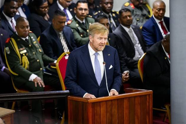 Dutch Royals Visit Suriname - Day 1 The National Assembly. King Willem-Alexander and Queen Maxima are paying a state visit to the Republic of Suriname at the invitation of President Jennifer Geerlings-Simons. The National Assembly (DNA) is the parliament of Suriname. It has 51 seats and a single chamber, exercising legislative, administrative, and supervisory powers, on December 1, 2025, in Paramaribo, Suriname. Photo by Patrick van Emst NLBeeld Bruno PRess ABACAPRESS.COM NLBeeld Patrick van Emst Credit: NL Beeld Patrick van Emst Paramaribo Suriname  Copyright: xBrunoxPress ABACAx