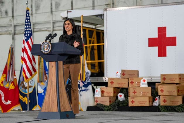 Second Lady Usha Vance speaks before creating care packages for deployed Service members with First Lady Melania Trump, the American Red Cross, U.S. Government Cabinet spouses and military spouses at Joint Base Andrews in Prince Georges County, Maryland on Monday, December 1, 2025.  WAP20251201370 BONNIExCASH