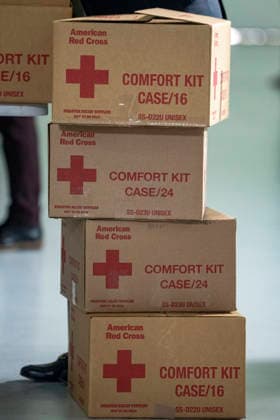 Care packages for deployed Service members are seen during an packing event with First Lady Melania Trump, Second Lady Usha Vance, the American Red Cross and U.S. Government Cabinet spouses and military spouses at Joint Base Andrews in Prince Georges County, Maryland on Monday, December 1, 2025.  WAP20251201361 BONNIExCASH