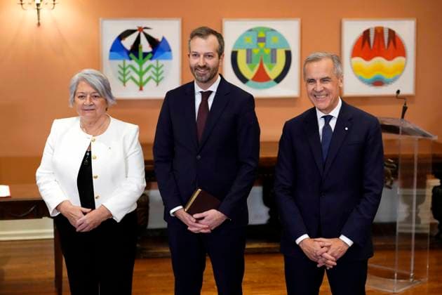 December 1, 2025, Ottawa, On, CAN: Minister of Government Transformation, Public Works and Procurement Joel Lightbound stands with Gov. Gen. Mary Simon and Prime Minister Mark Carney after being additionally sworn in as Quebec Lieutenant, at a cabinet swearing in ceremony at Rideau Hall in Ottawa, on Monday, Dec. 1, 2025. Ottawa CAN  - ZUMAc35_ 20251201_zaf_c35_035 Copyright: xJustinxTangx