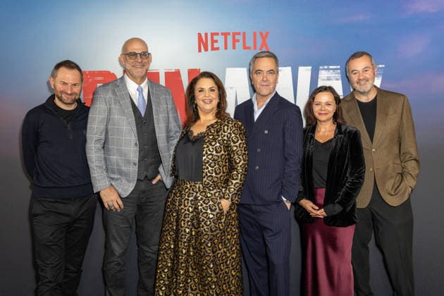 December 1, 2025, London, United Kingdom: (L-R), Danny Brocklehurst, Harlan Coben, Ruth Jones, James Nesbitt, Nicola Shindler and Richard Fee attend Harlan Coben™s Run Away launch event, at the BFI Southbank in London. London United Kingdom - ZUMAs197 20251201_aaa_s197_175 Copyright: xPhilxLewisx