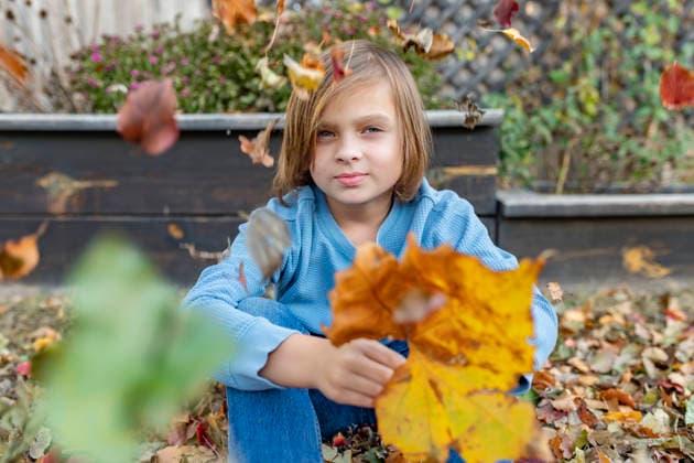 Child sitting among falling autumn leaves Norman, Oklahoma, United States R_AOVS251201-1897677-01 ,model released, Symbolfoto