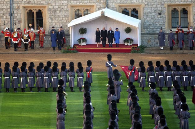 State Visit By The President Of The Federal Republic of Germany - Day 1 WINDSOR, ENGLAND - DECEMBER 03: King Charles III (second right) and Queen Camilla (R) with the President of the Federal Republic of Germany Frank-Walter Steinmeier and his wife Elke Büdenbender with Catherine, Princess of Wales and Prince William, Prince Of Wales (far left) as they watch a military procession during the ceremonial welcome for the state visit to the UK at Windsor Castle on December 03, 2025 in Windsor, England. The President of the Federal Republic of Germany, accompanied by Ms. Elke Büdenbender, are paying a State Visit to the United Kingdom as the guests of Their Majesties The King and Queen. The visit is the first from Germany in 27 years and will b  Copyright: xCarlxCourtx xAvalonx 1056240126