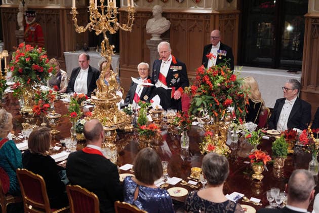 . 03 12 2025. Windsor, United Kingdom. King Charles III ,Queen Camilla, Prince William and Kate Middleton, the Prince and Princess of Wales, with the President of Germany Frank-Walter Steinmeier and his wife Elke Buedenbender at a state banquet at Windsor Castle on the first day of their State Visit to the United Kingdom.  xPicturexbyxxi-Imagesx xPoolx IIM-26430-0173