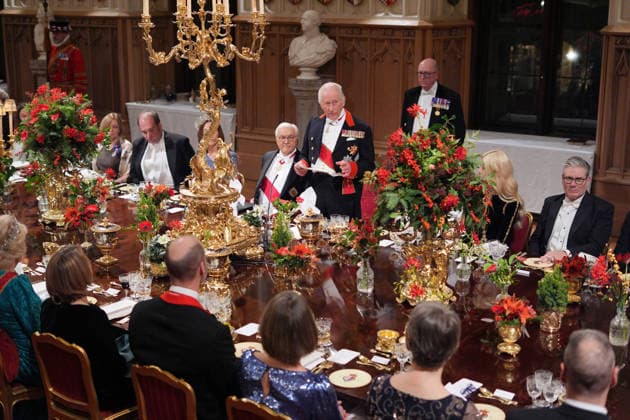 . 03 12 2025. Windsor, United Kingdom. King Charles III ,Queen Camilla, Prince William and Kate Middleton, the Prince and Princess of Wales, with the President of Germany Frank-Walter Steinmeier and his wife Elke Buedenbender at a state banquet at Windsor Castle on the first day of their State Visit to the United Kingdom.  xPicturexbyxxi-Imagesx xPoolx IIM-26430-0177