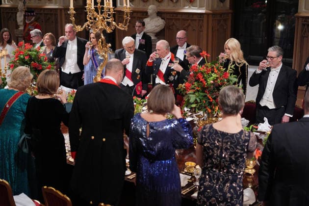 . 03 12 2025. Windsor, United Kingdom. King Charles III ,Queen Camilla, Prince William and Kate Middleton, the Prince and Princess of Wales, with the President of Germany Frank-Walter Steinmeier and his wife Elke Buedenbender at a state banquet at Windsor Castle on the first day of their State Visit to the United Kingdom.  xPicturexbyxxi-Imagesx xPoolx IIM-26430-0179