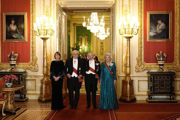 Frank-Walter Steinmeier s state visit to the UK King Charles III and Queen Camilla (right) with German President Frank-Walter Steinmeier and his wife Elke Budenbender ahead of the state banquet for the German President and his wife, at Windsor Castle, Berkshire, on day one of their state visit to the UK. Picture date: Wednesday December 3, 2025., Credit:Aaron Chown Avalon UK, Windsor  Copyright: xAaronxChownx xAvalonx 1056321717