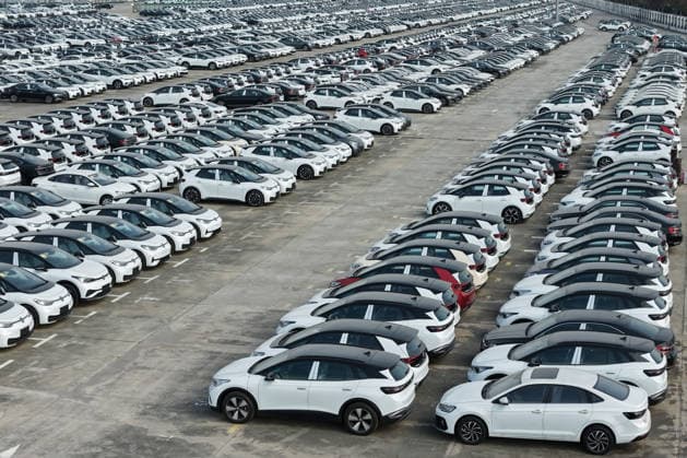 Volkswagen Pure EV Export A large number of Volkswagen pure electric vehicles are arranged in an orderly manner waiting to be shipped overseas in Longtan Port Area, Nanjing, Jiangsu Province, China on December 4, 2025. Nanjing Jiangsu China  Copyright: xCFOTOx i1764862841386